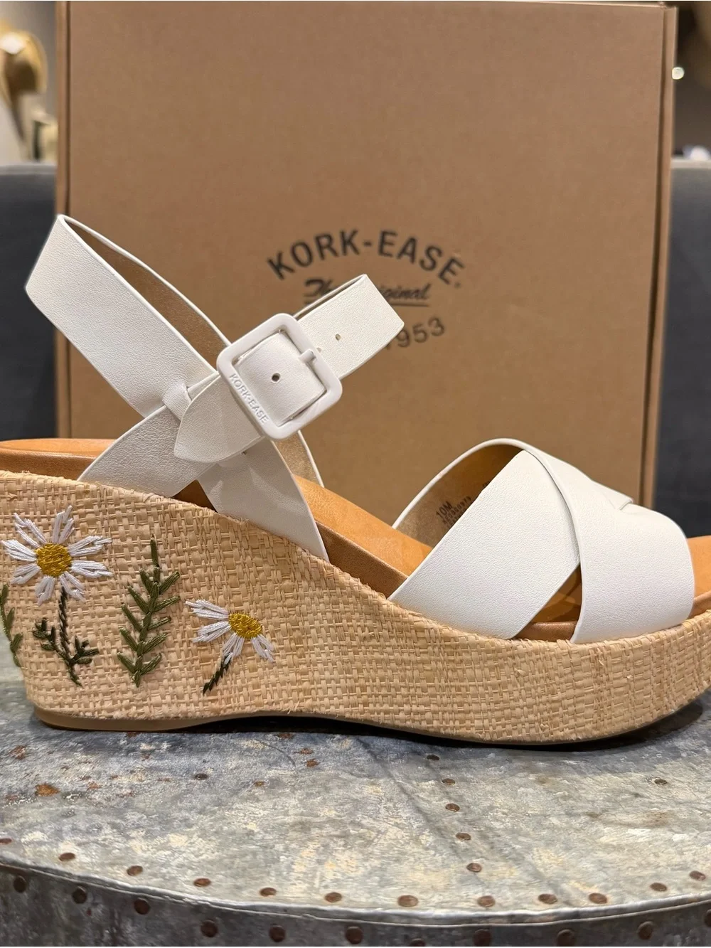 Kork-Ease Ava 2.0 White Embroidered Daisy Wedge Sandal